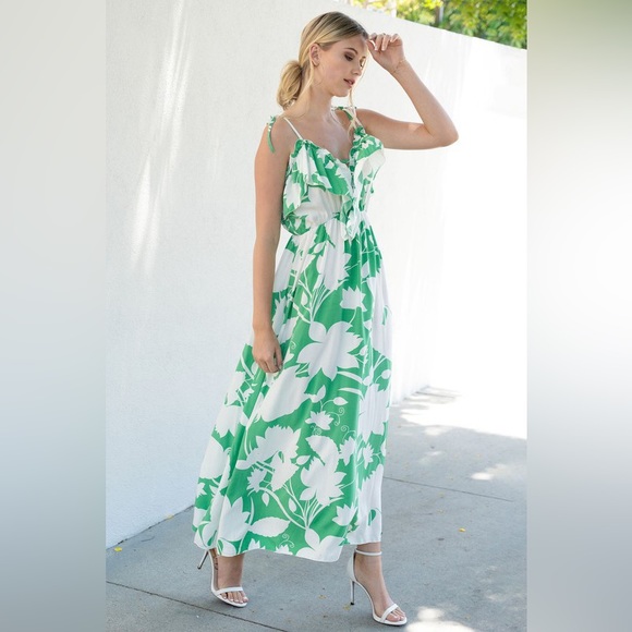 (20590-FLO-LIME) FLORAL PRINT RUFFLE V NECK MAXI DRESS - Picture 2 of 4